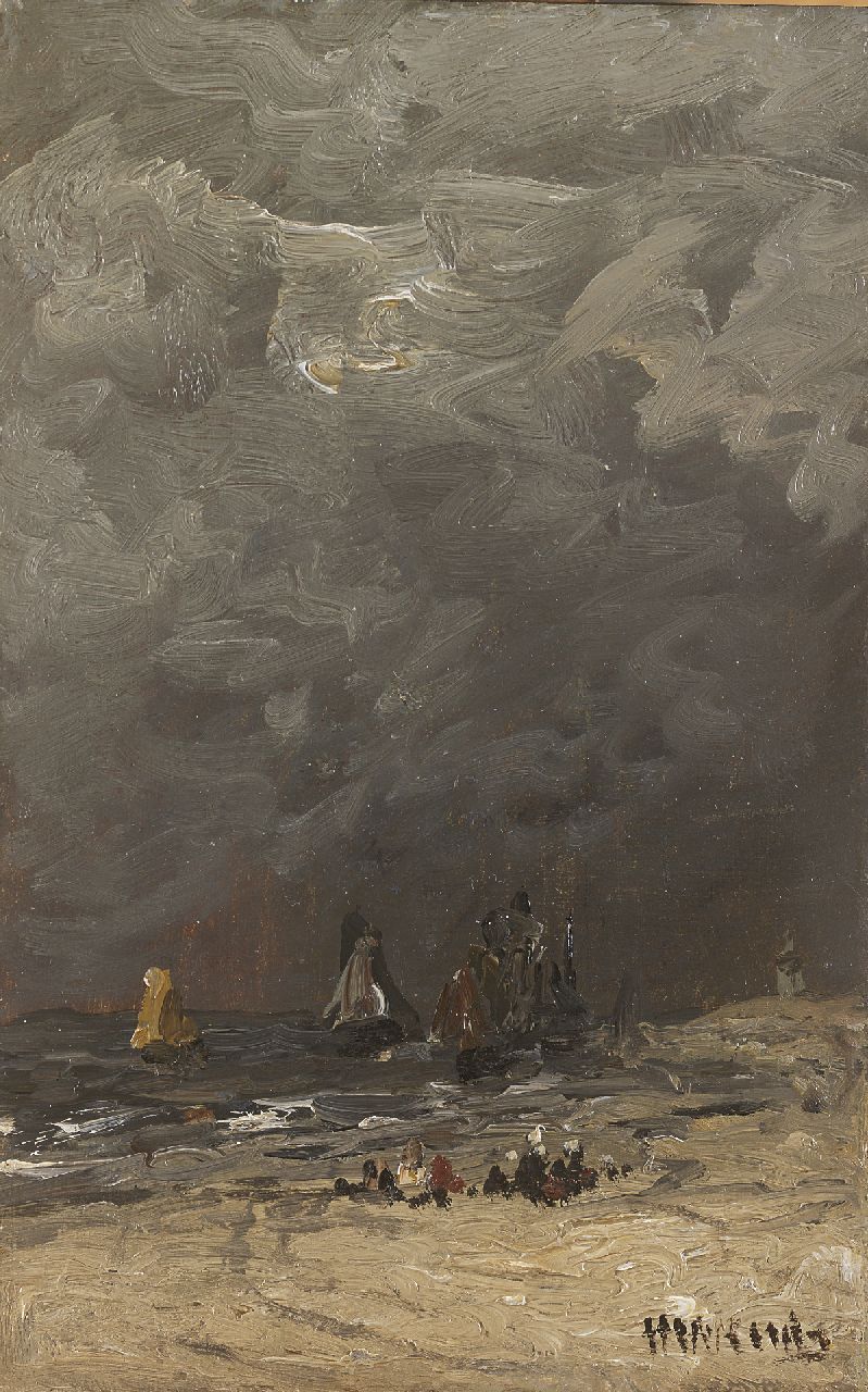 Mesdag H.W.  | Hendrik Willem Mesdag, Awaiting the return of the fishing fleet, oil on panel 24.7 x 15.7 cm, signed l.r.
