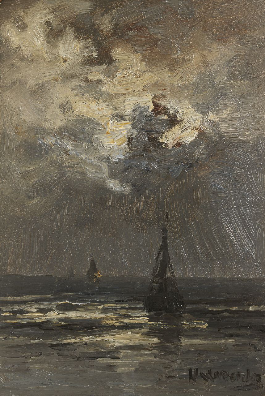 Mesdag H.W.  | Hendrik Willem Mesdag, Fishing boats in a calm by moonlight, oil on panel 35.0 x 23.5 cm, signed l.r. and painted ca. 1895