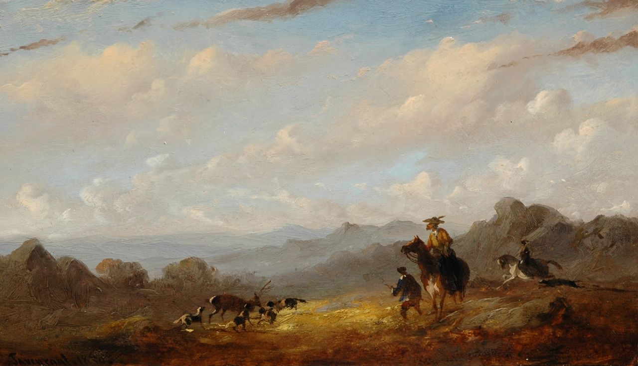 Tavenraat J.  | Johannes Tavenraat, The hunting party, oil on panel 14.1 x 24.6 cm, signed l.l. and dated 1850