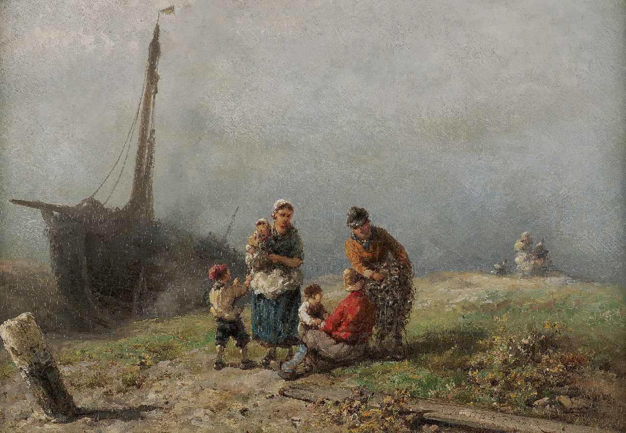 Koekkoek J.H.B.  | Johannes Hermanus Barend 'Jan H.B.' Koekkoek, A fisherman's family in the dunes, oil on panel 24.7 x 34.9 cm, signed l.r.