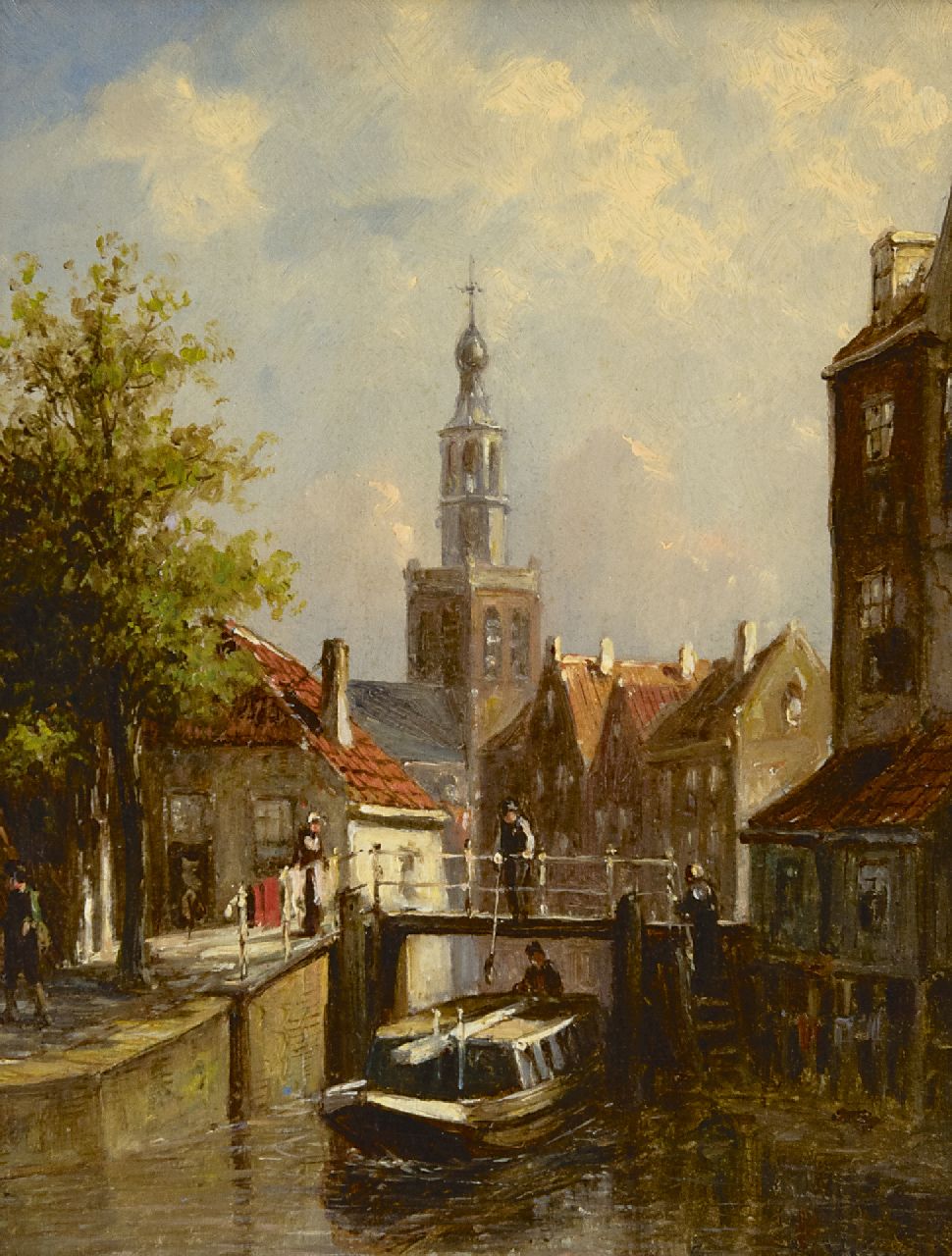 Vertin P.G.  | Petrus Gerardus Vertin, A summery town view with the St. Janskerk of Gouda, oil on panel 19.3 x 15.4 cm, signed l.r.