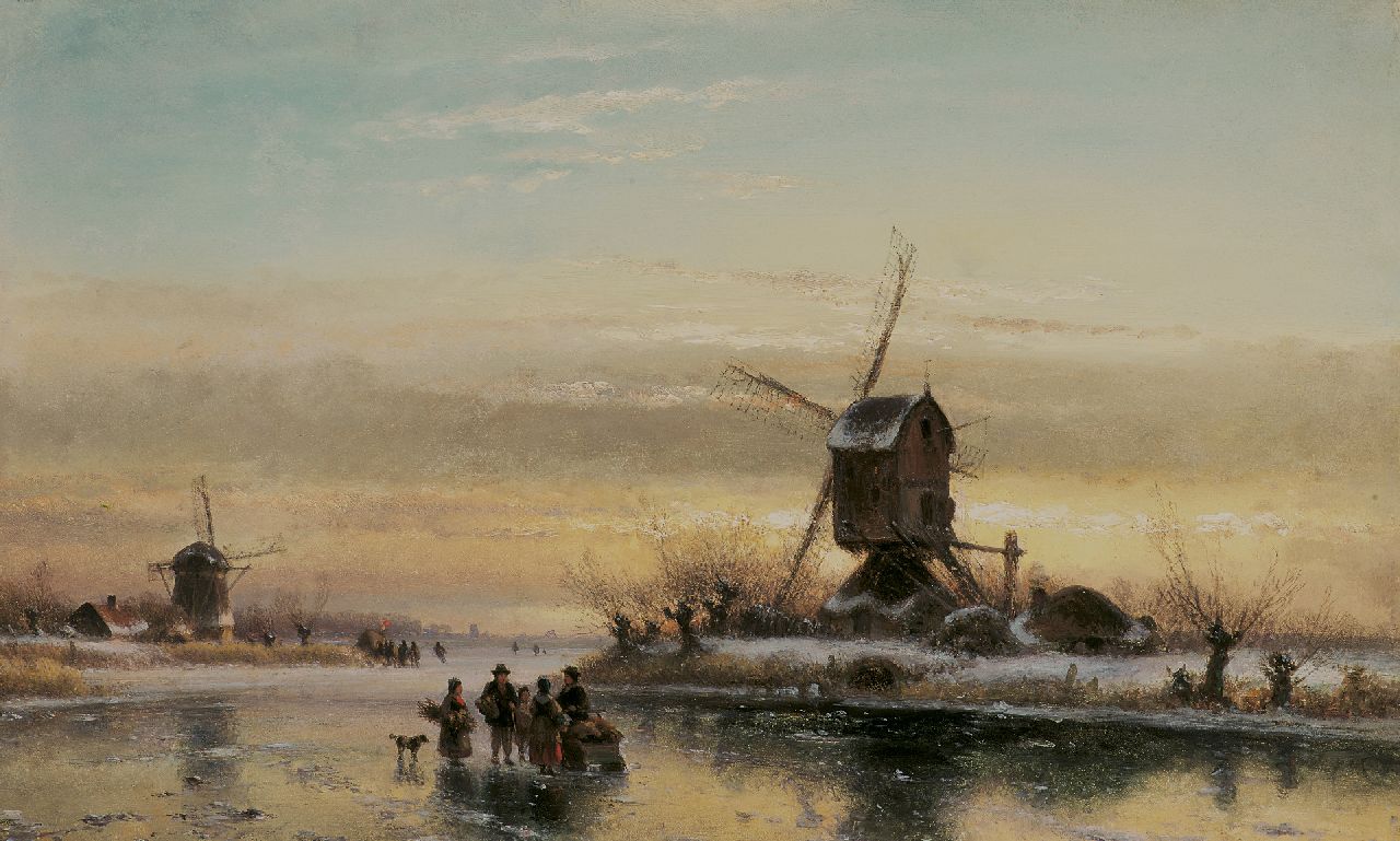 Kleijn L.J.  | Lodewijk Johannes Kleijn, A frozen waterway with skaters and a windmill, oil on panel 33.7 x 52.1 cm, signed l.l.