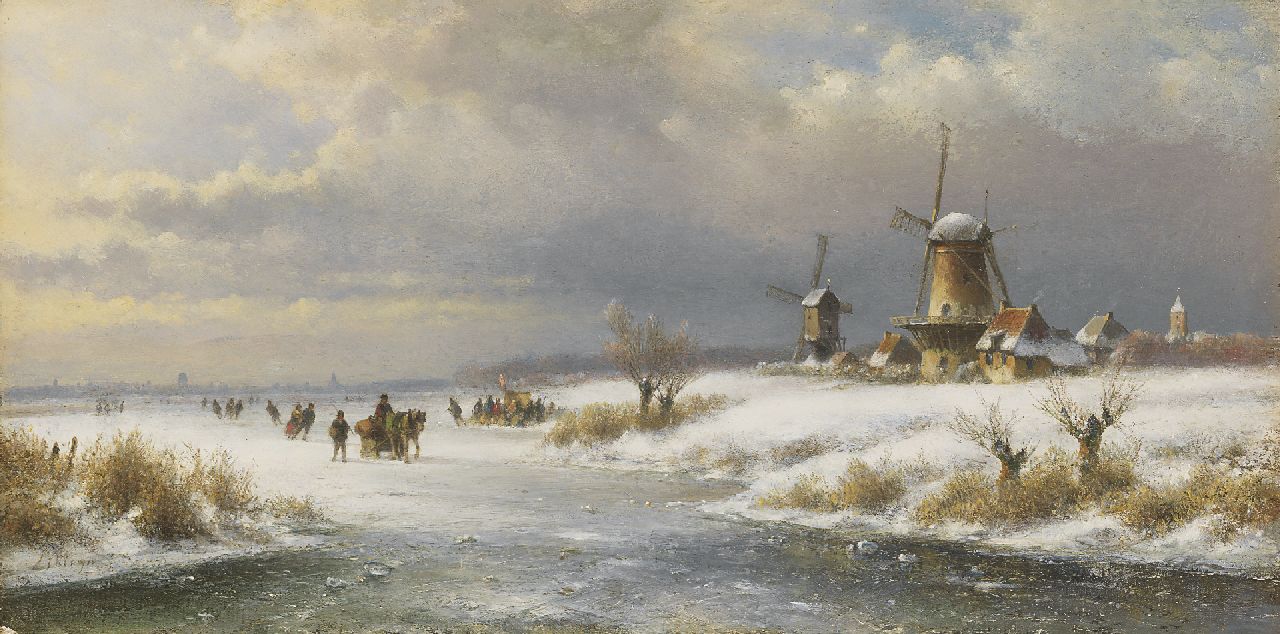 Kleijn L.J.  | Lodewijk Johannes Kleijn, A winter landscape with skaters and a sledge, oil on panel 26.6 x 52.8 cm, signed l.l.