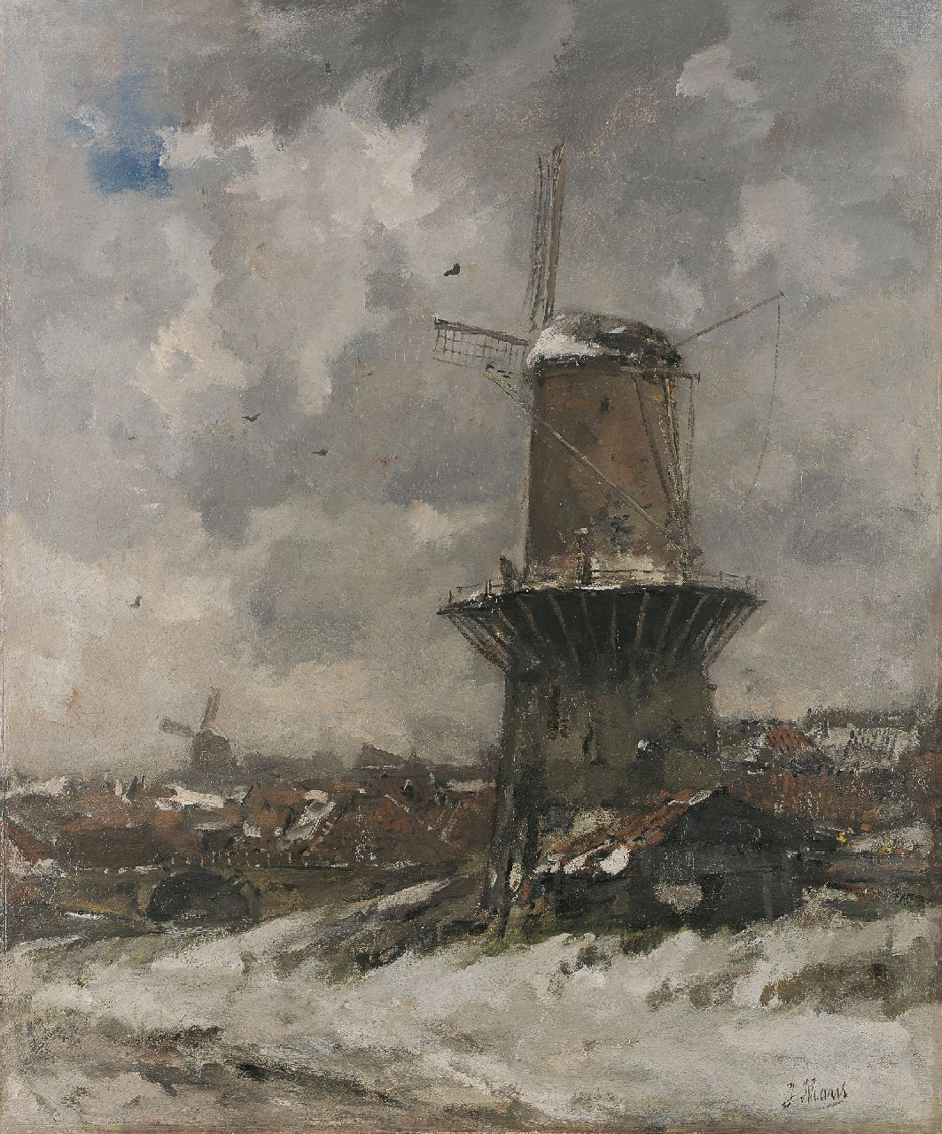 Maris J.H.  | Jacobus Hendricus 'Jacob' Maris, A windmill in a winter landscape, oil on canvas 111.0 x 93.0 cm, signed l.r. and painted 1890