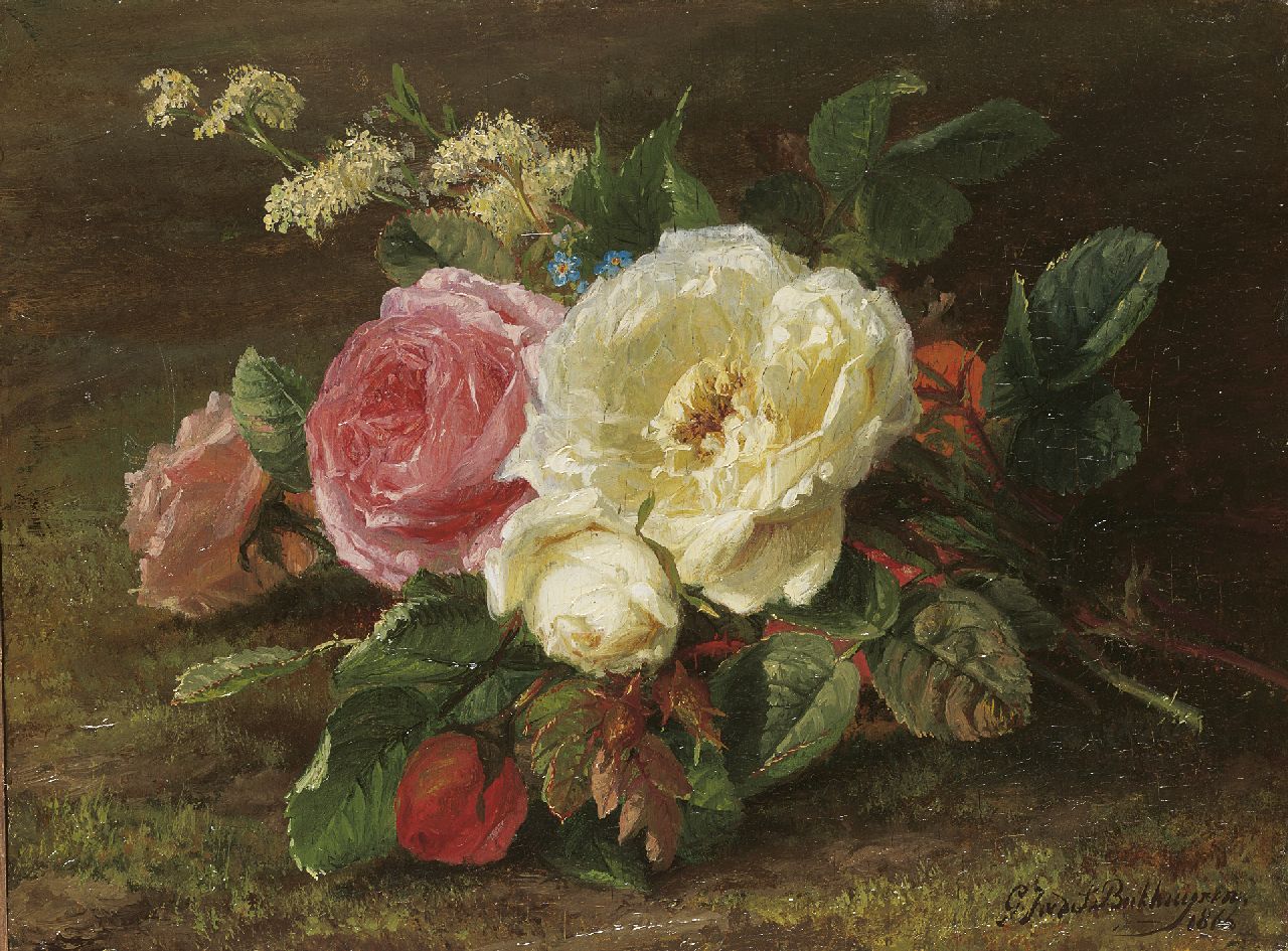 Sande Bakhuyzen G.J. van de | 'Gerardine' Jacoba van de Sande Bakhuyzen, Roses on a forest ground, oil on panel 14.7 x 19.8 cm, signed l.r. and painted 1866