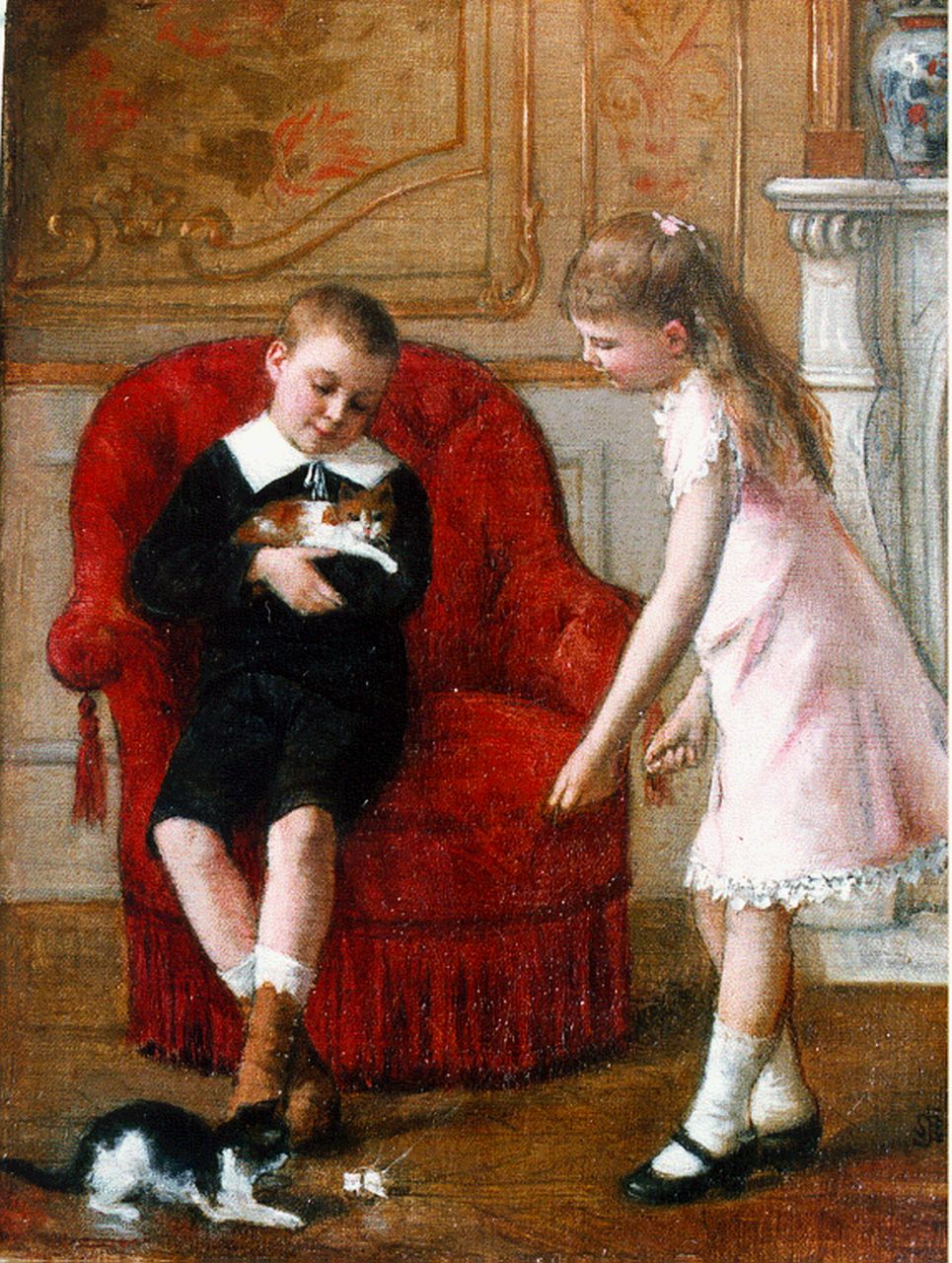 Roosenboom A.  | Albert Roosenboom, Playing with the kittens, oil on canvas 24.2 x 18.4 cm, signed l.r. with monogram and dated '86