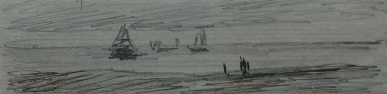 Mesdag H.W.  | Hendrik Willem Mesdag, Fishing boats on the North Sea, pencil, pen in black ink on paper 2.5 x 12.3 cm