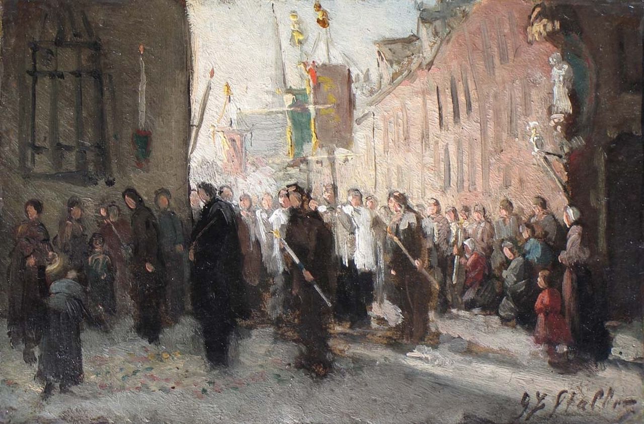 Staller G.J.  | Gerard Johan Staller, A procession with ensign bearers, oil on cardboard laid down on panel 15.6 x 22.0 cm, signed l.r.