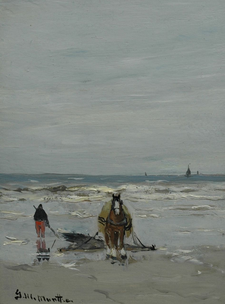 Munthe G.A.L.  | Gerhard Arij Ludwig 'Morgenstjerne' Munthe, Shell fisherman with horse and drag-net, oil on painter's board 20.0 x 14.9 cm, signed l.l. and painted 1925
