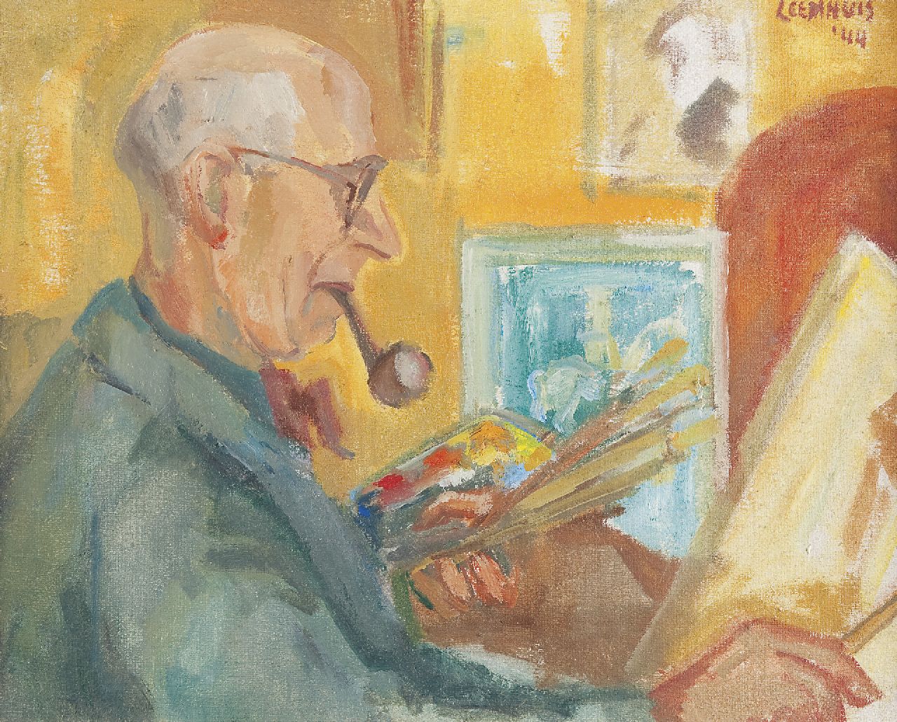 Leemhuis W.H.  | Wiert Hendrik 'Hein' Leemhuis, A painter at work, wax paint on canvas 50.3 x 62.2 cm, signed u.r. and dated '44