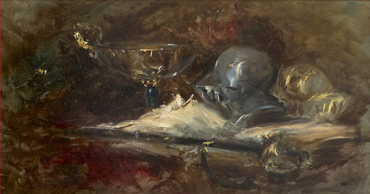 Vollon A.  | Antoine Vollon | Paintings offered for sale | Still life with helmet and sword, oil on panel 22.3 x 41.8 cm, signed l.l.