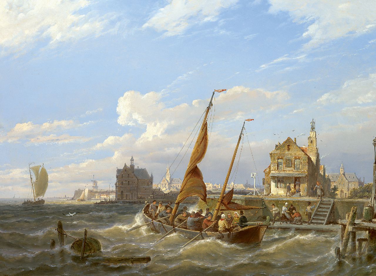 Dommershuijzen P.C.  | Pieter Cornelis Dommershuijzen, A ferry in an estuary, oil on panel 42.5 x 61.3 cm, signed l.l. and dated 1888