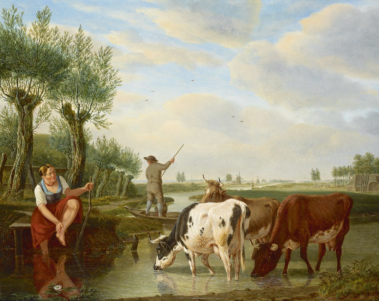 Kuytenbrouwer M.A.  | Martinus Antonius Kuytenbrouwer | Paintings offered for sale | A ferryman and cowherd in a Dutch river landscape, oil on panel 38.8 x 47.3 cm, signed l.r.