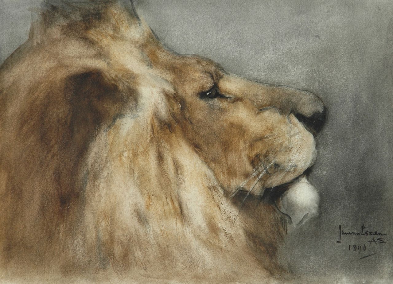 Essen J.C. van | Johannes Cornelis 'Jan' van Essen, Head of a lion, watercolour on paper 20.0 x 27.8 cm, signed l.r. and dated ca. 1896