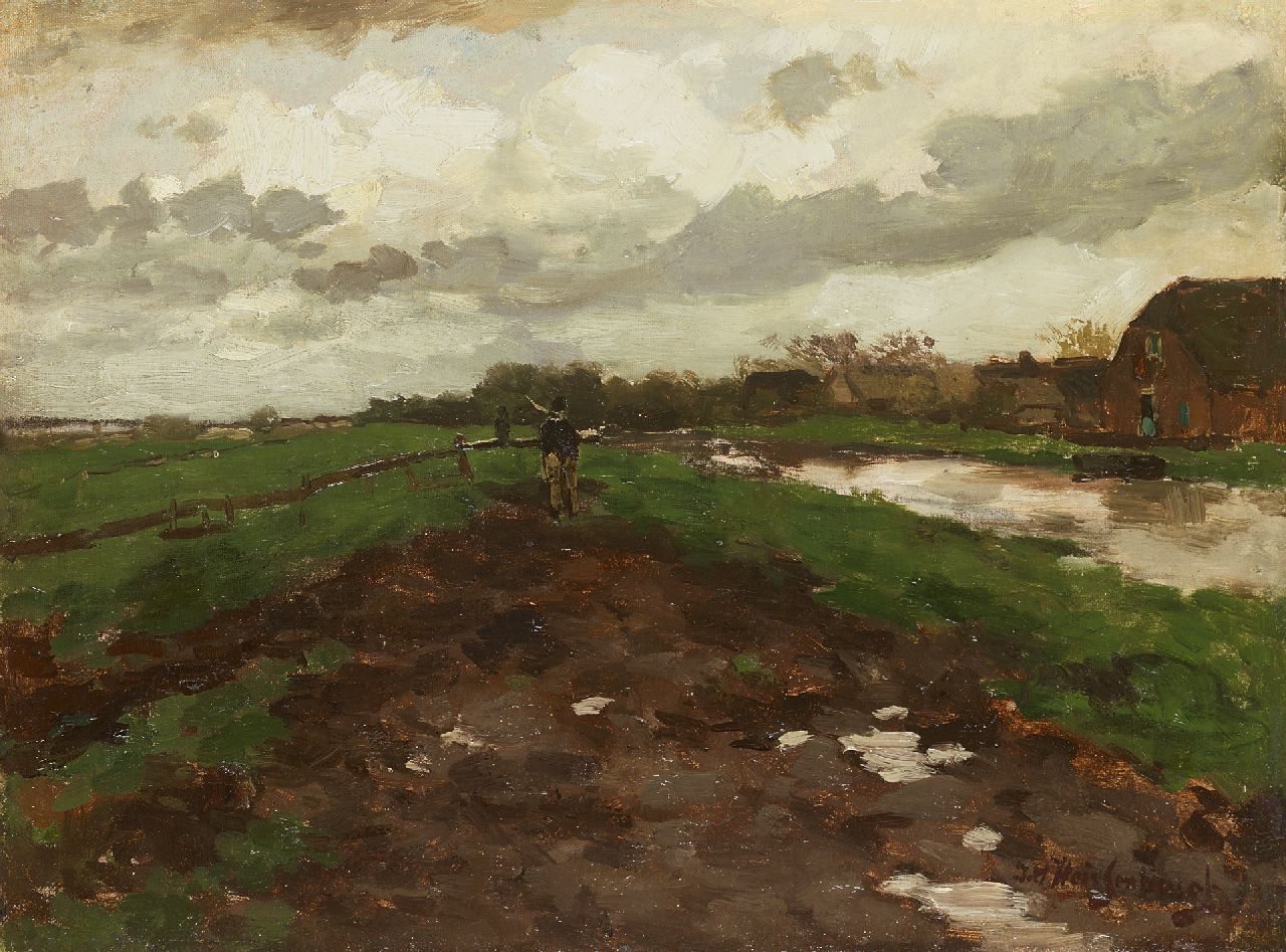 Weissenbruch H.J.  | Hendrik Johannes 'J.H.' Weissenbruch | Paintings offered for sale | Homewards after the rain, oil on canvas laid down on panel 32.9 x 44.1 cm, signed l.r.