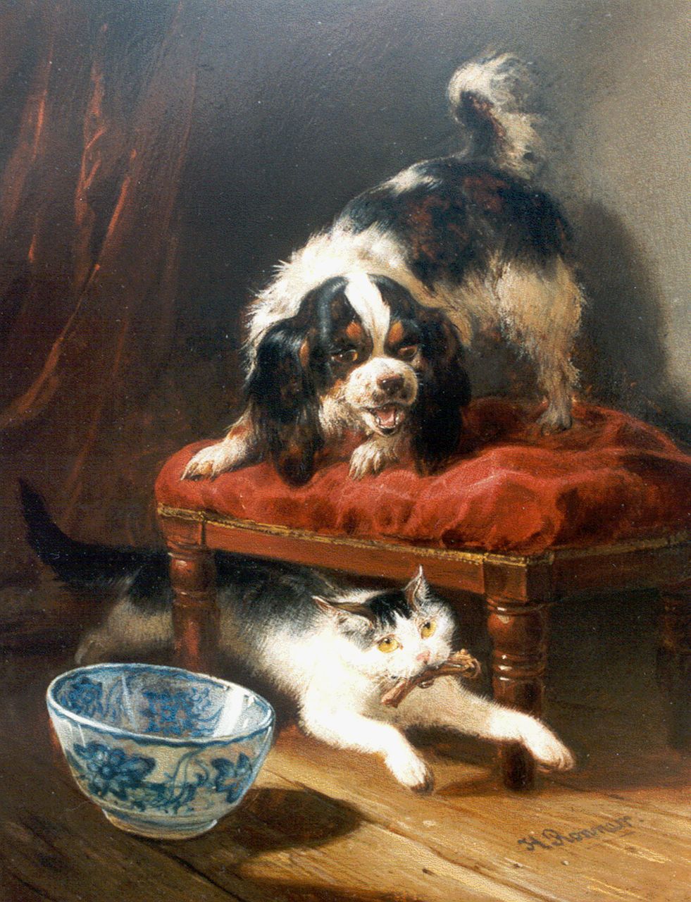 Ronner-Knip H.  | Henriette Ronner-Knip, A stolen bone, oil on panel 22.6 x 17.8 cm, signed l.r.