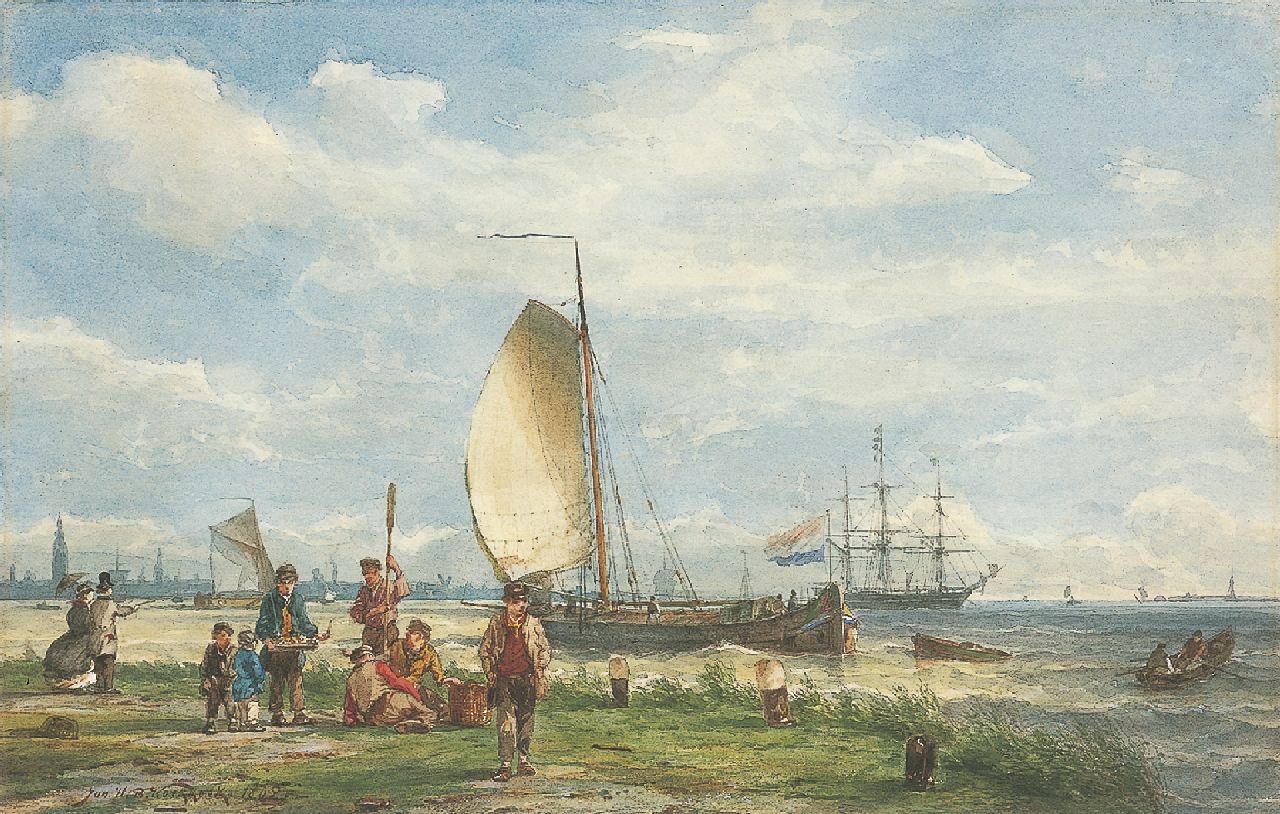 Koekkoek J.H.B.  | Johannes Hermanus Barend 'Jan H.B.' Koekkoek, Sailing vessels on the river IJ near Amsterdam, watercolour on paper 22.0 x 34.0 cm, signed l.l. and dated 1865