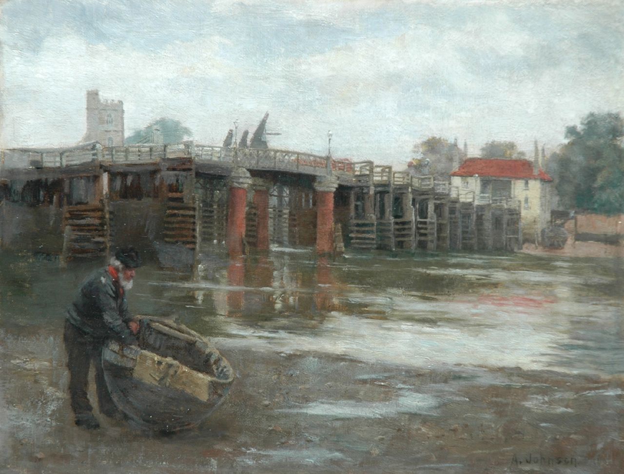 Johnson A.  | Alfred Johnson, The old bridge, Putney, oil on canvas laid down on panel 26.4 x 34.3 cm, signed l.r.