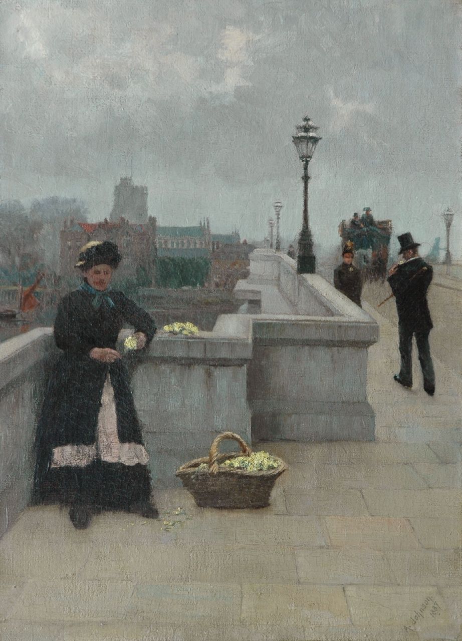 Johnson A.  | Alfred Johnson, Flower-girl on the Putney Bridge, London, oil on canvas 45.7 x 33.1 cm, signed l.r. and dated 1887