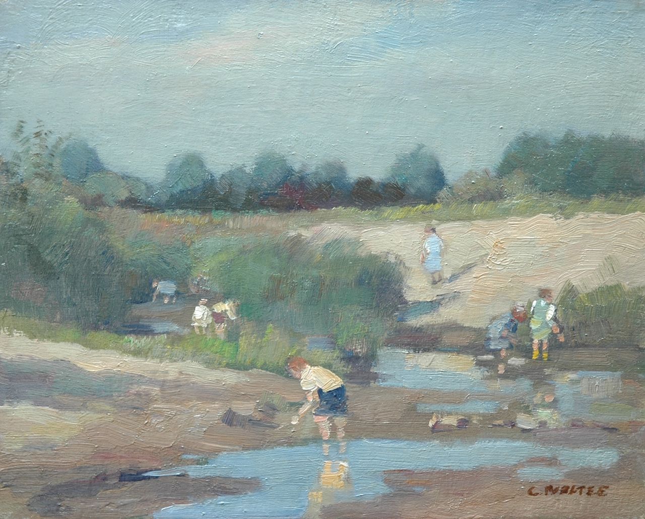 Noltee B.C.  | Bernardus Cornelis 'Cor' Noltee, Children playing near a pool, oil on canvas 24.4 x 30.2 cm, signed l.r.