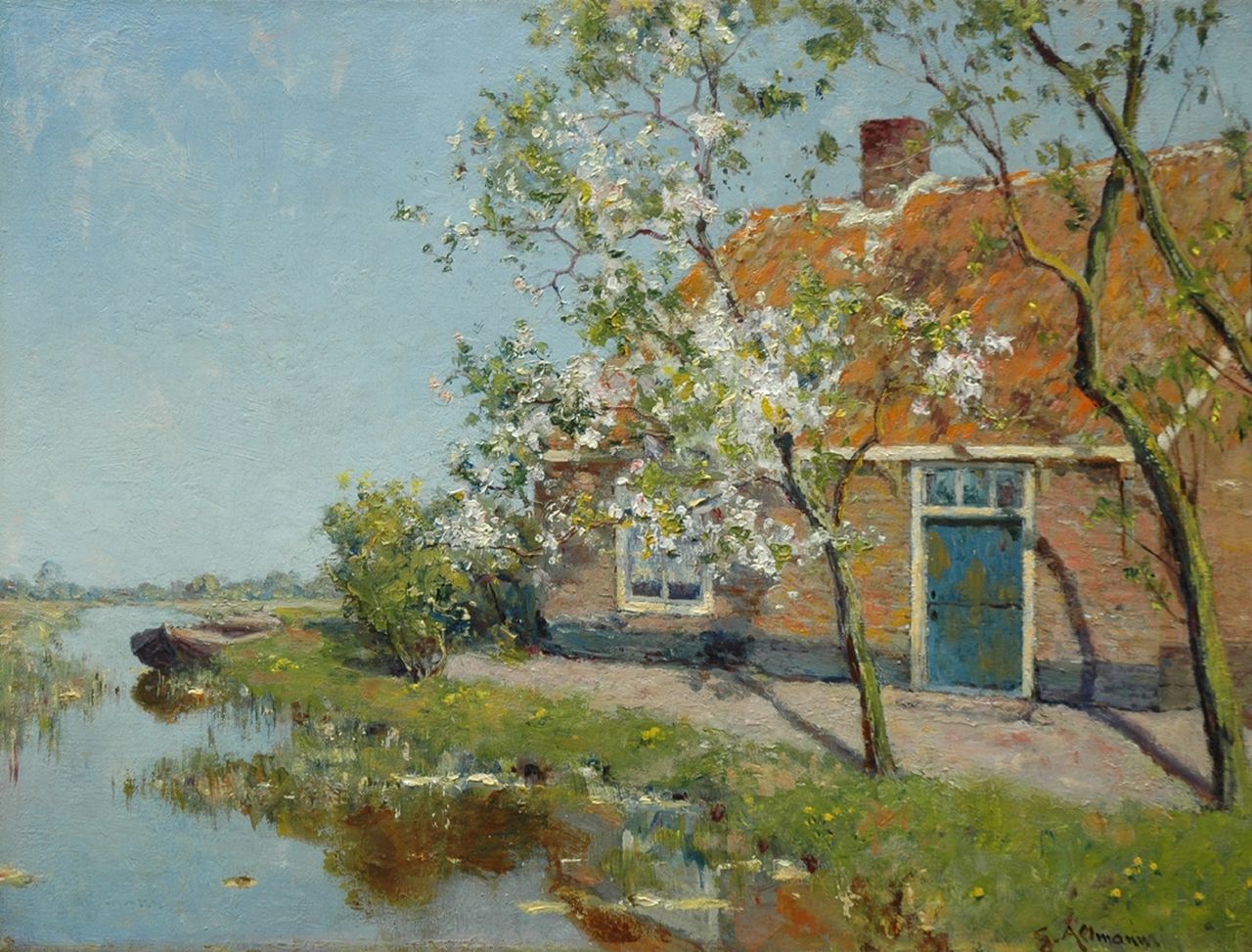 Altmann G.  | Gerard Altmann, Farm and blossom tree along a canal, oil on canvas 30.7 x 40.9 cm, signed l.r.