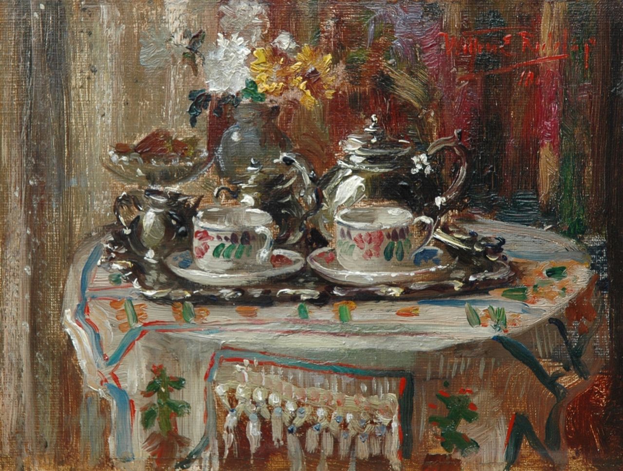 Roelofs jr. W.E.  | Willem Elisa Roelofs jr., The tea table, oil on painter's board 14.0 x 19.5 cm, signed u.r. and on the reverse