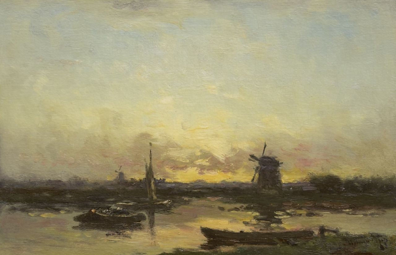 Rip W.C.  | 'Willem' Cornelis Rip | Paintings offered for sale | Windmills and barges at sunset, oil on canvas 36.9 x 55.5 cm, signed l.r.