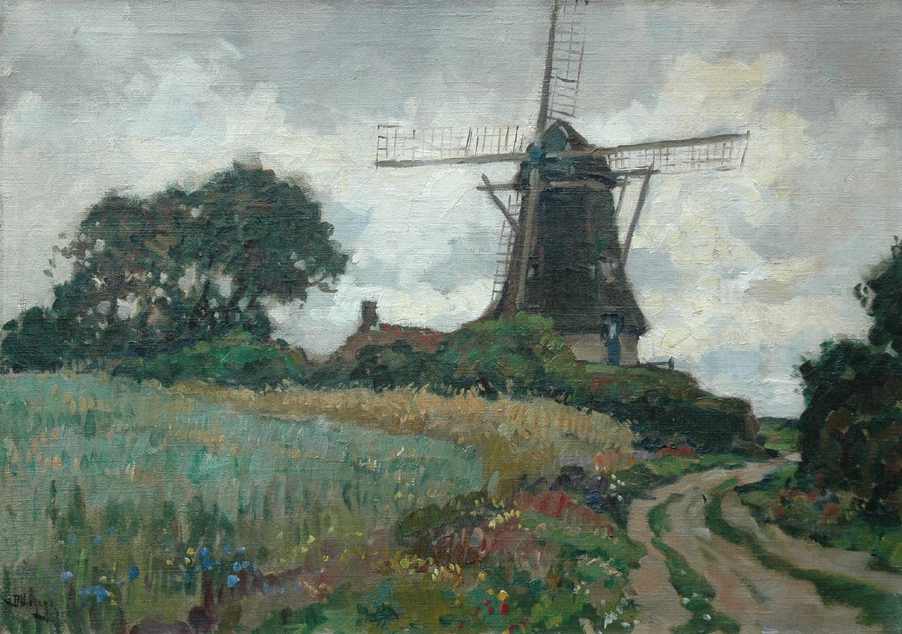 Viegers B.P.  | Bernardus Petrus 'Ben' Viegers, A view of the windmill 'De Duif' in Nunspeet, oil on canvas 50.3 x 70.2 cm, signed l.l.