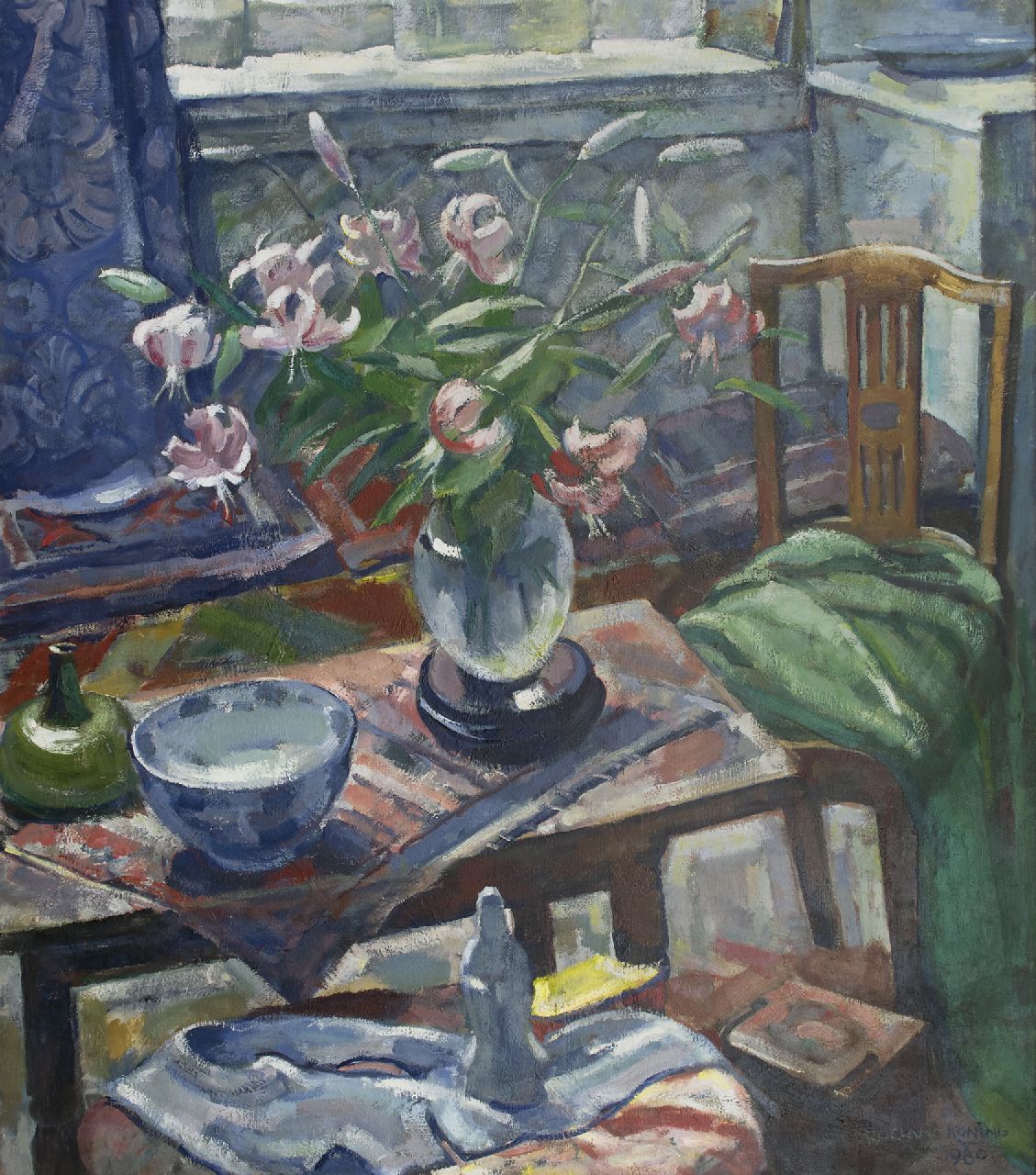 Koning R.  | Roeland Koning, Lilies in a vase on a coffee table, oil on canvas 161.3 x 139.7 cm, signed l.r. and dated 1980