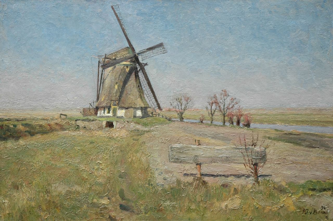 Boxel P.J. van | Pieter Jacobus 'Piet' van Boxel, Windmill in a polder, oil on canvas 60.8 x 90.6 cm, signed l.r. and reverse and dated '34