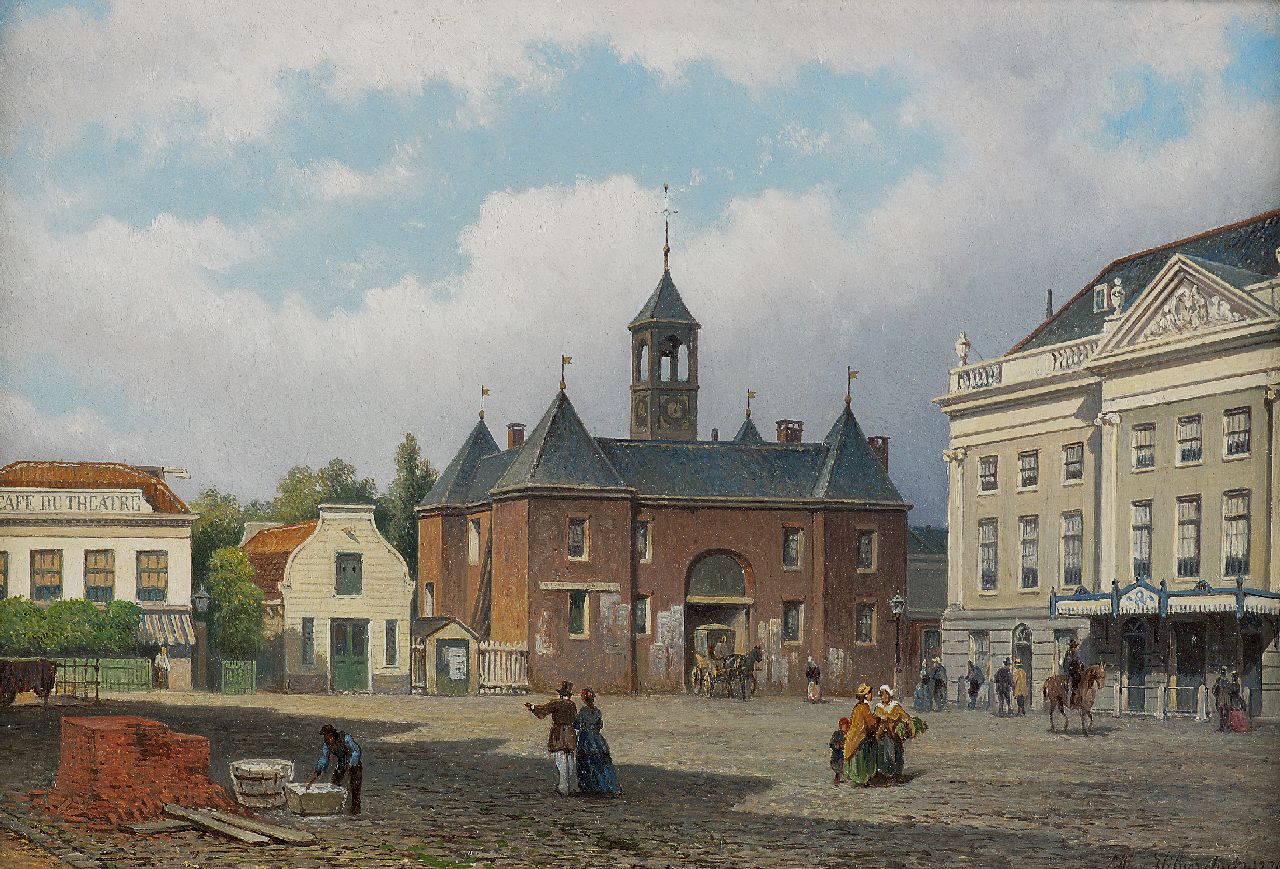 Hilverdink E.A.  | Eduard Alexander Hilverdink, The Leidse Plein, Amsterdam, with the Leidsche Poort and the former Stadsschouwburg, oil on panel 21.7 x 32.5 cm, signed l.r. and dated 1876