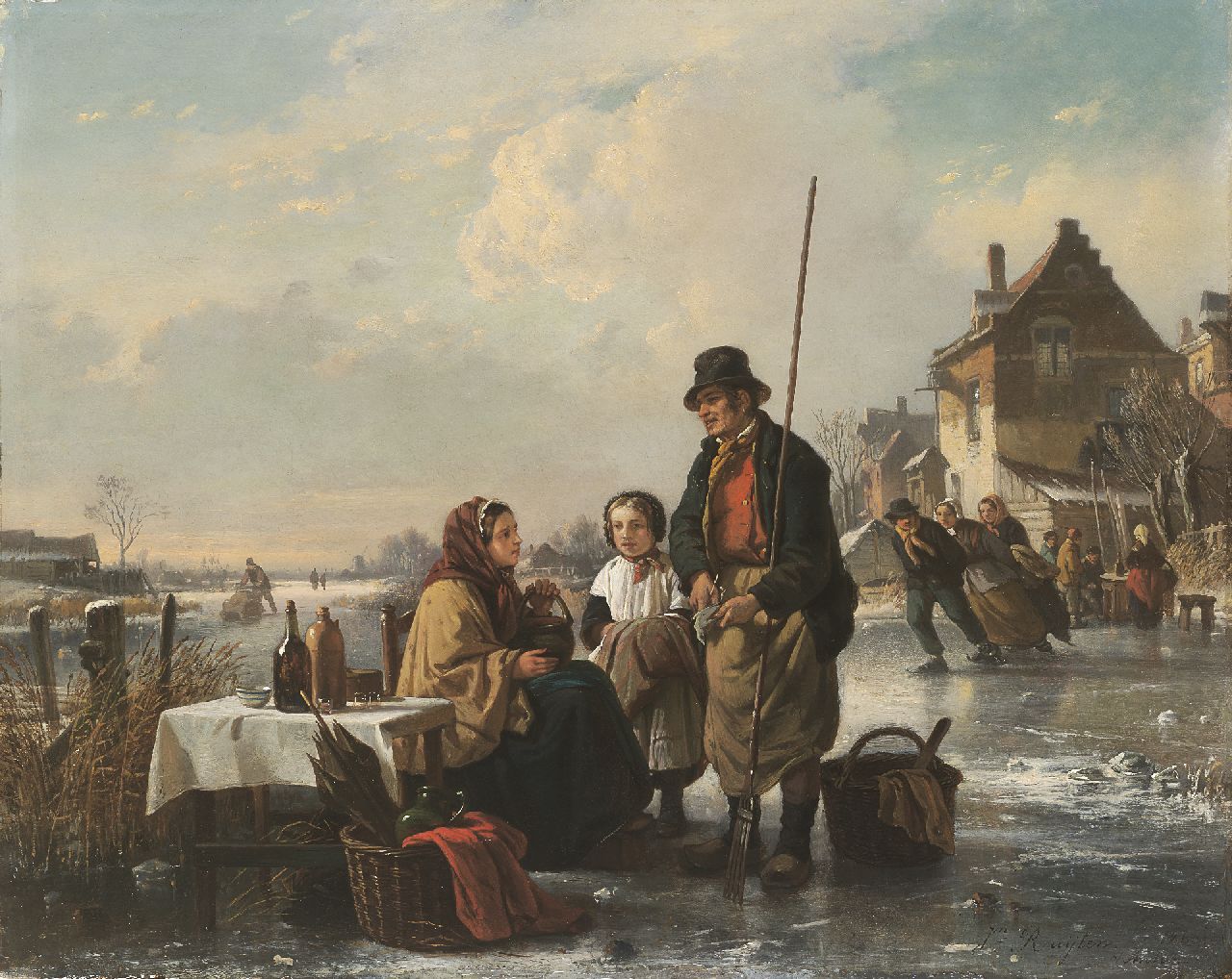 Ruyten J.M.  | Jan Michiel Ruyten, The koek-en-zopie seller, oil on panel 40.9 x 51.8 cm, signed l.r. and painted 'Antw. 1860'