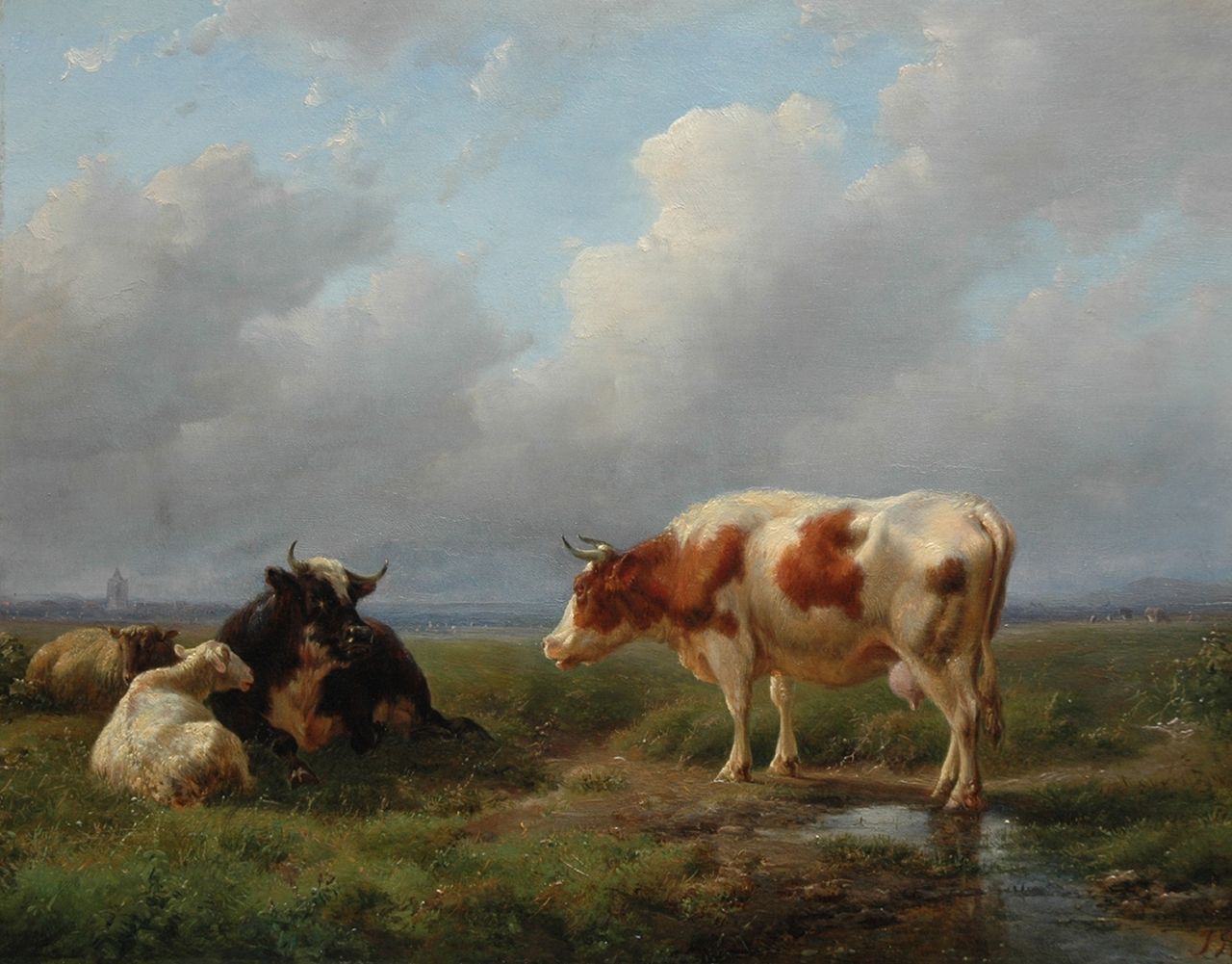 Tom J.B.  | Jan Bedijs Tom, Cattle and sheep in a meadow, oil on panel 27.6 x 34.8 cm, signed l.r. with initials