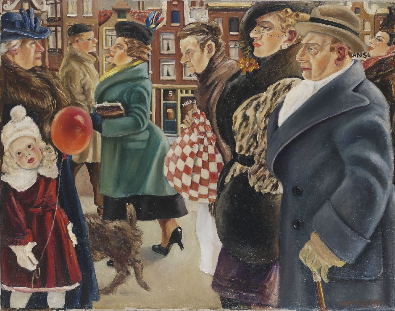 Gelder R. van | Rebecca 'Bobette' van Gelder, Figures on a side-walk, oil on canvas 75.4 x 95.8 cm, signed l.r.. met pseudonym 'B. Stratthon van Gelder' and dated '39