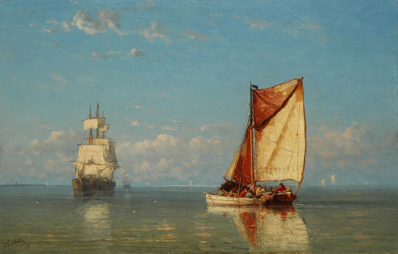 Schütz J.F.  | Jan Frederik Schütz, Three-master and fishing boat in a calm, oil on panel 32.6 x 50.8 cm, signed l.l. and dated '79