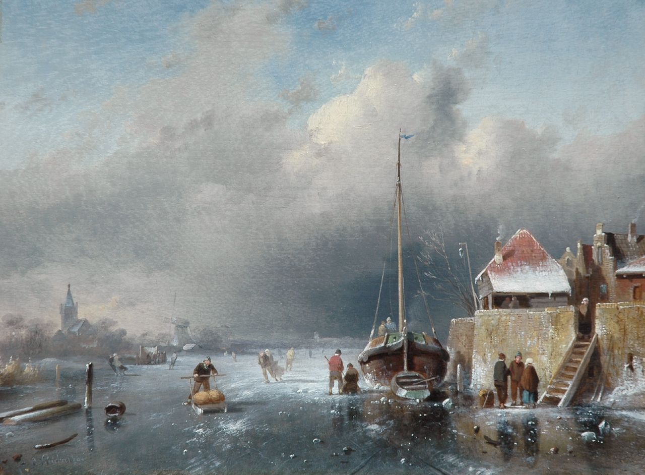 Leickert C.H.J.  | 'Charles' Henri Joseph Leickert, Skaters on a Dutch waterway, an approaching blizzard in the distance, oil on panel 24.2 x 31.2 cm, signed l.l. and dated '64
