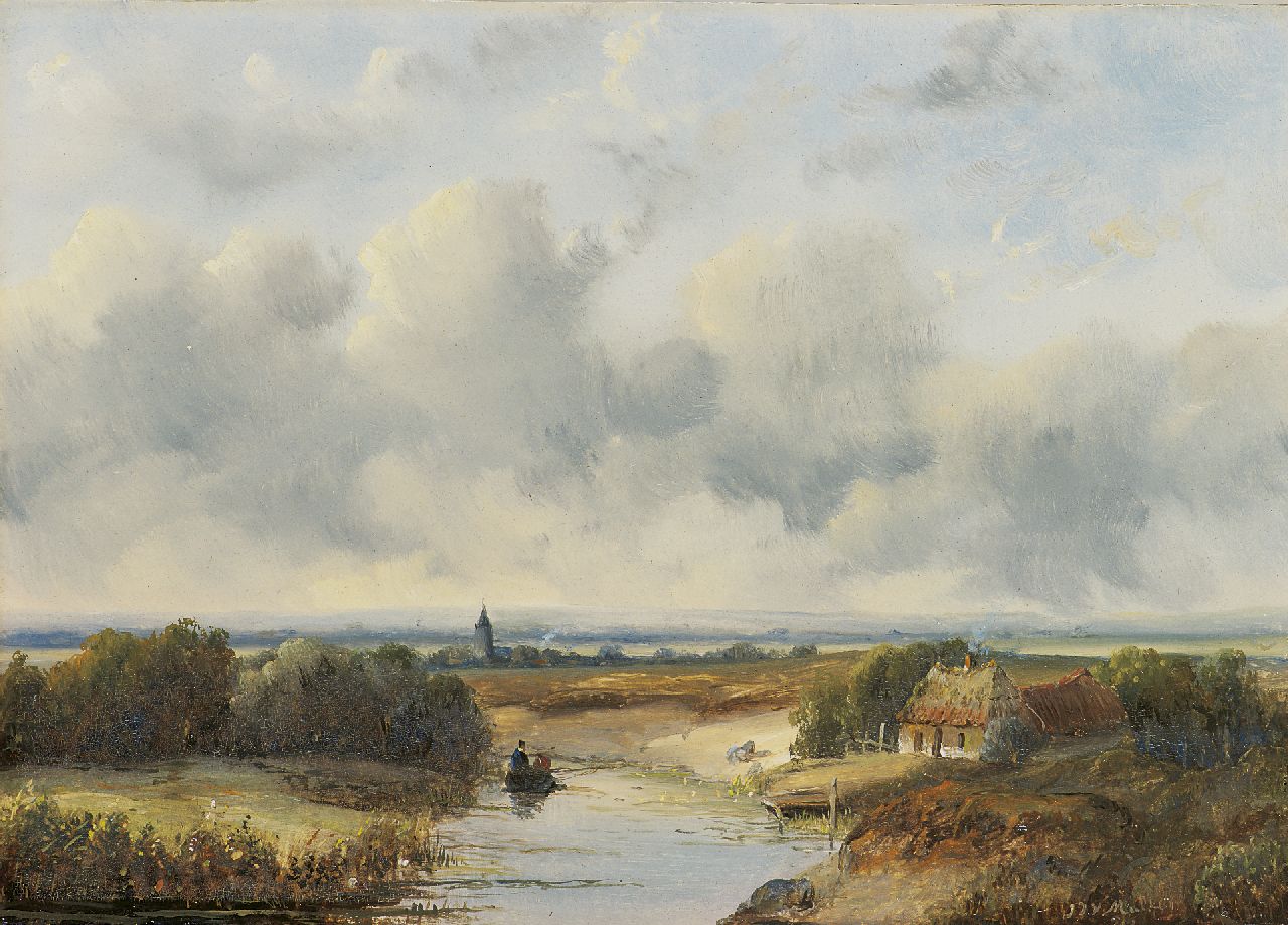 Mulken J.J. van | Johannes Josephus van Mulken, An extensive Dutch landscape, oil on panel 18.4 x 26.0 cm, signed l.r. and dated '50