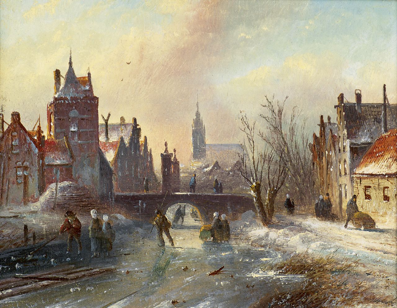 Spohler J.J.C.  | Jacob Jan Coenraad Spohler, Skaters on a canal in winter, oil on panel 16.0 x 21.0 cm, signed l.r.