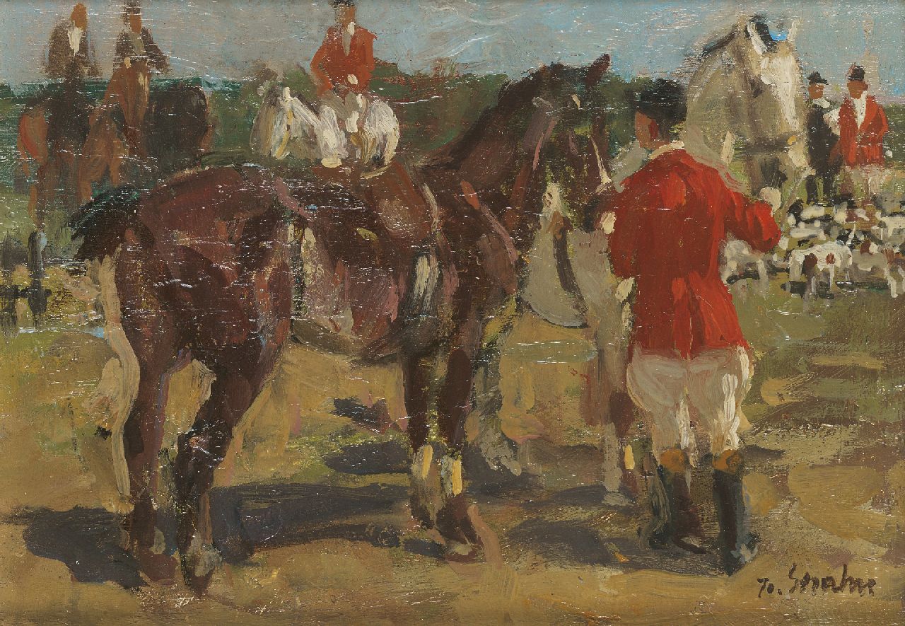 Strahn P.J.  | Peter Josef 'Jo' Strahn, Before the hunt, oil on board 13.0 x 18.1 cm, signed l.r.