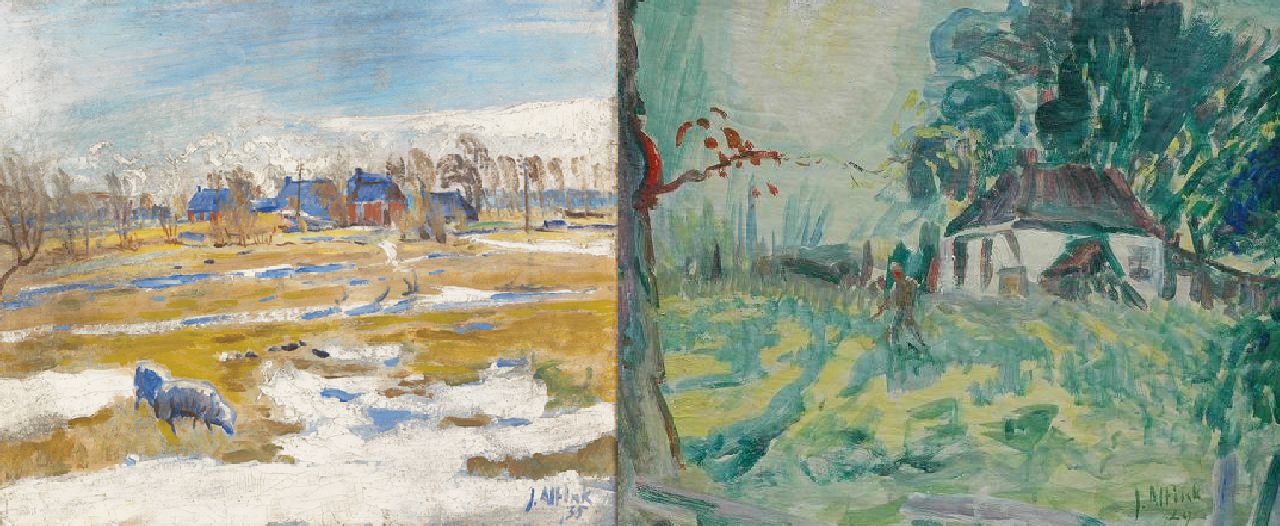 Altink J.  | Jan Altink, Winter landscape with farms; verso: farmer on farmyard, oil on canvas 51.8 x 60.5 cm, signed l.r. and dated '35