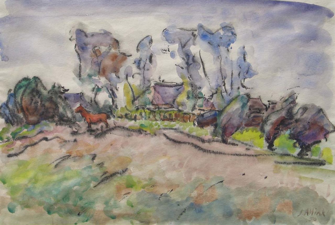 Altink J.  | Jan Altink, Horse on a farmyard, black chalk and watercolour on paper 36.5 x 54.0 cm, signed l.r. and dated '50