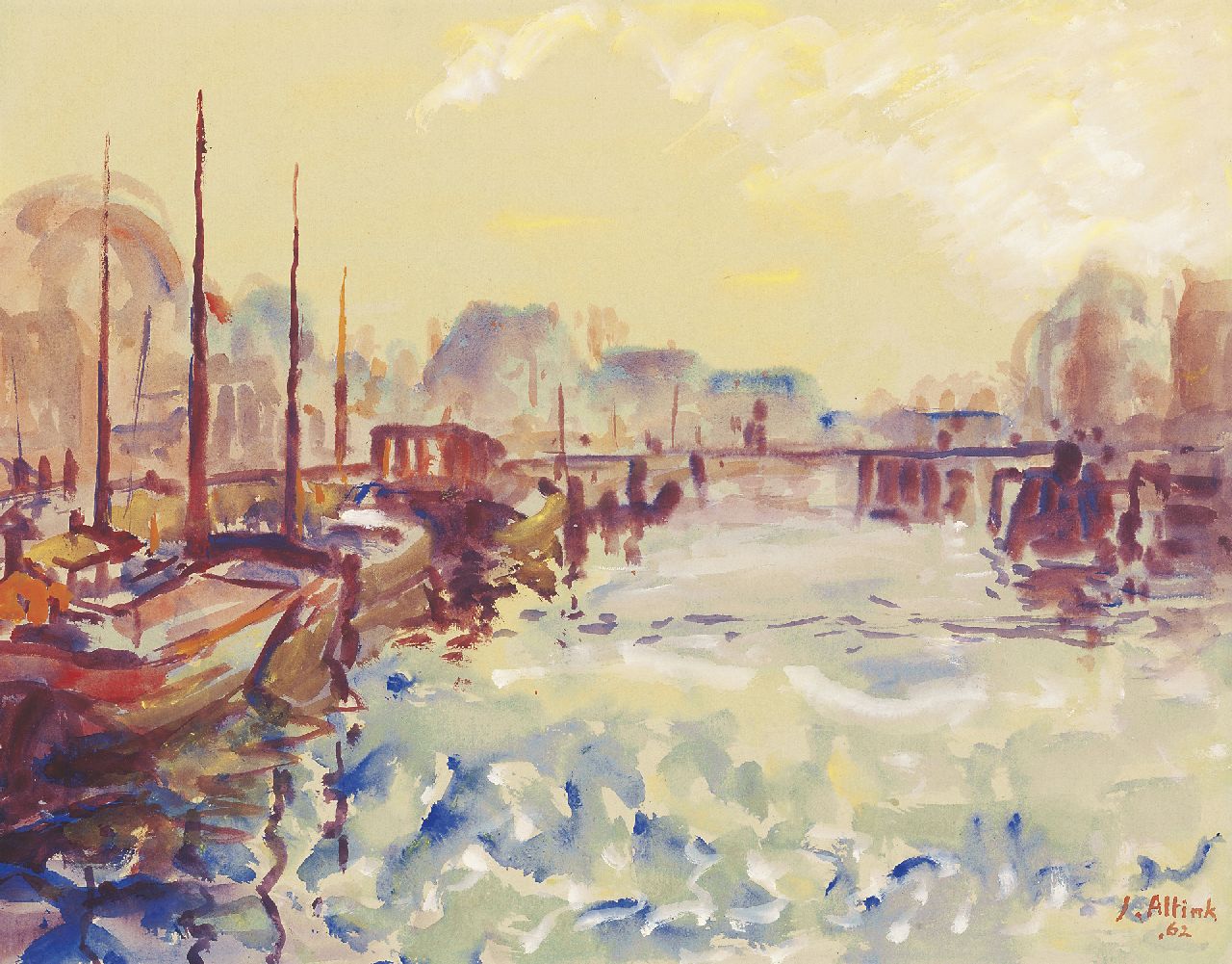 Altink J.  | Jan Altink, The Verbindingskanaal in Groningen, tempera on paper 47.5 x 61.5 cm, signed l.r. and dated '62