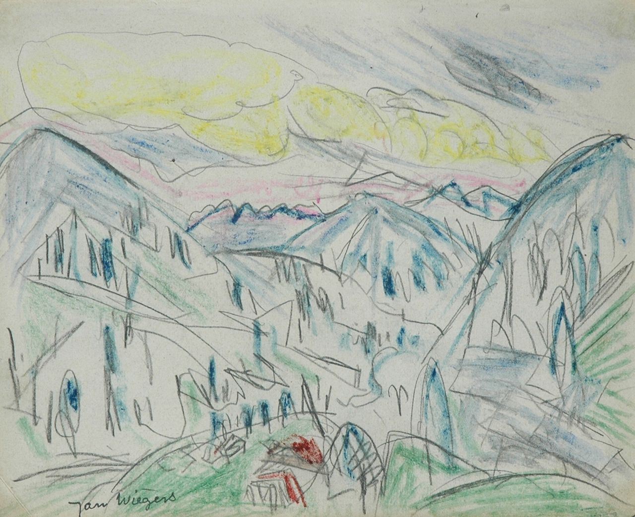 Wiegers J.  | Jan Wiegers, Mountain landscape Davos; verso: sketch of a boy, pencil and wax crayon on paper 17.5 x 21.7 cm, signed l.l. with stamp