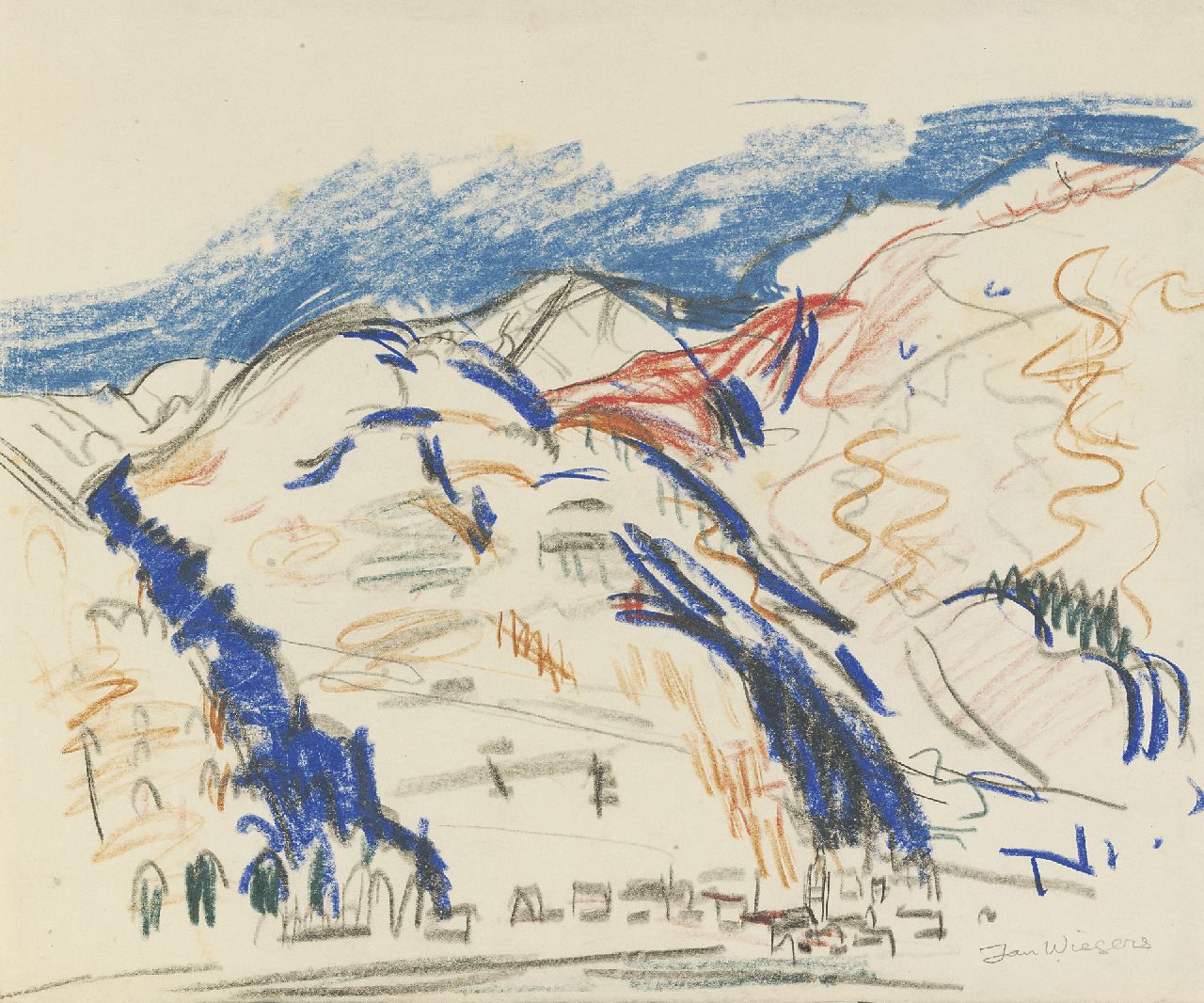 Wiegers J.  | Jan Wiegers, Mountain landscape near Davos, black chalk, coloured pencil and wax crayons on paper 23.7 x 28.5 cm, signed l.r.