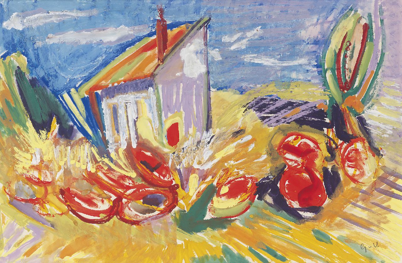 Velde G. van | Gerardus 'Geer' van Velde, Shed in a flower garden, gouache on paper 48.2 x 32.5 cm, signed l.r. with initials and executed in the late twenties,beginning thirties