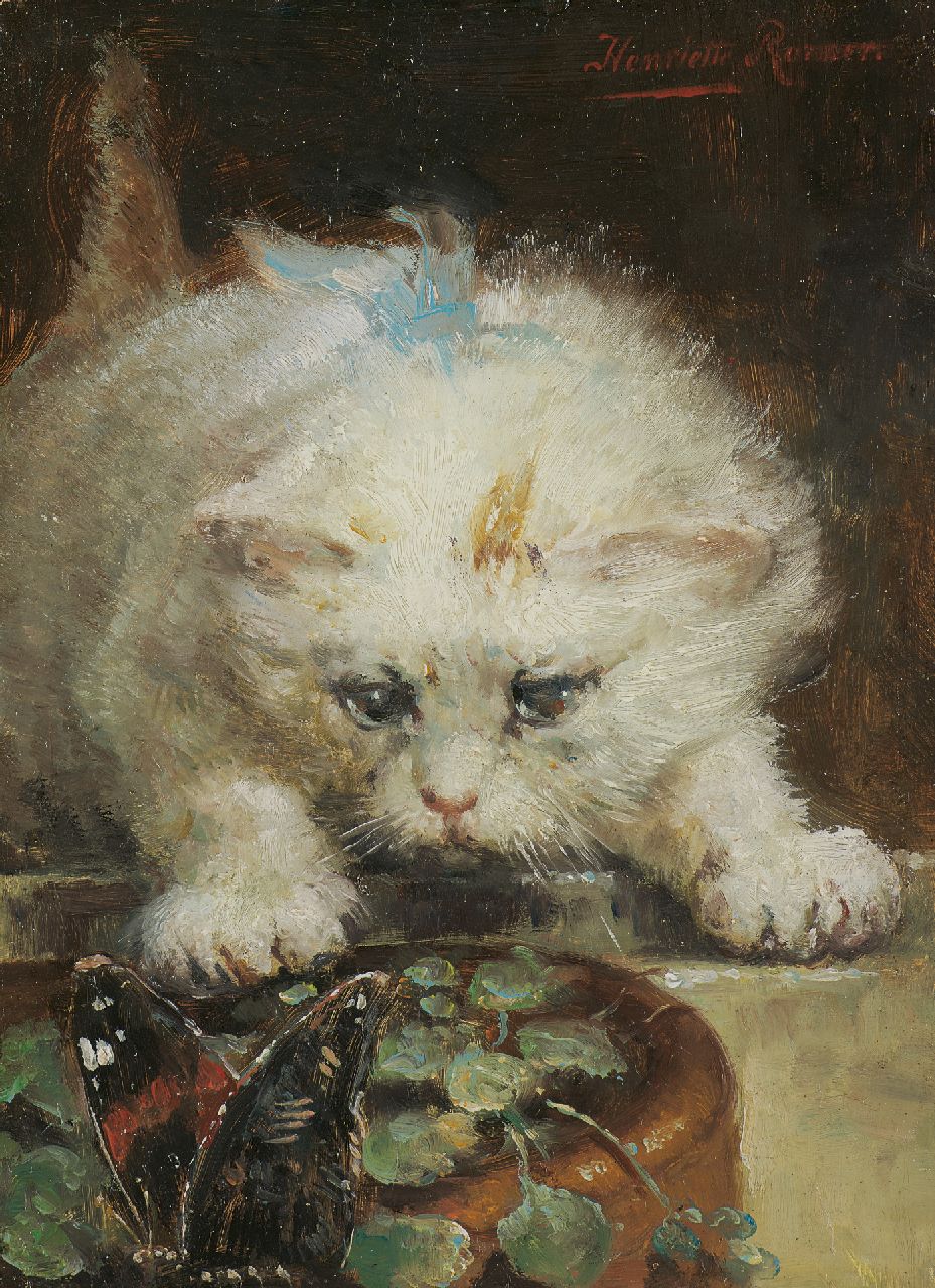Ronner-Knip H.  | Henriette Ronner-Knip, On the prowl, oil on panel 17.7 x 12.8 cm, signed u.r.