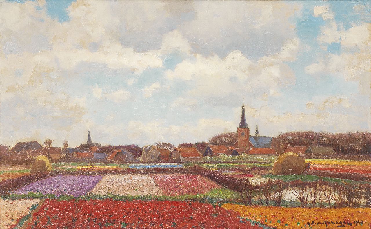 Schagen G.F. van | Gerbrand Frederik van Schagen, Bulb fields near Hillegom, oil on canvas 32.5 x 50.5 cm, signed l.r. and dated 1934