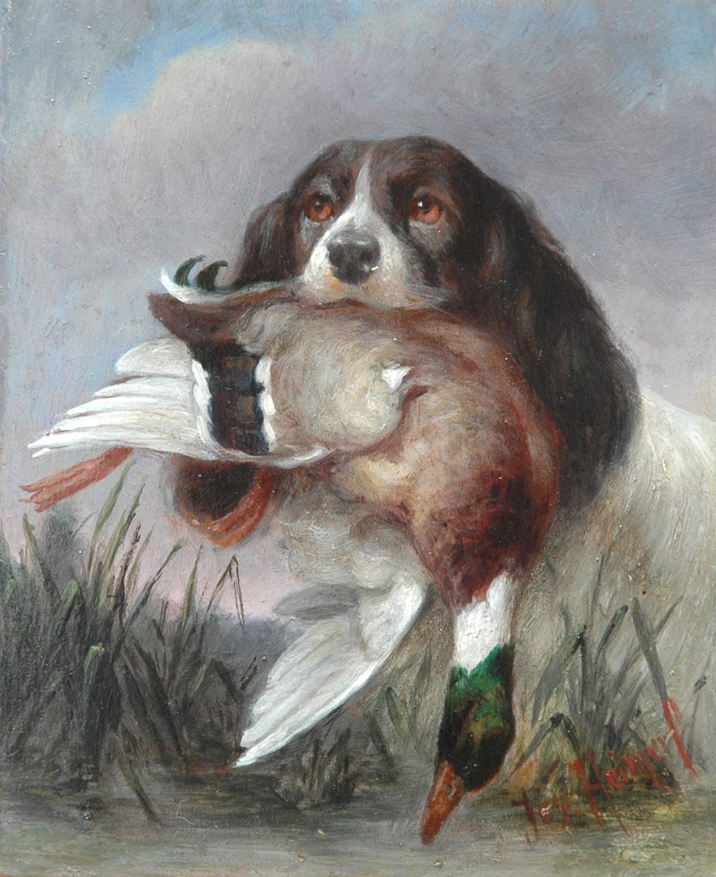 Heimerl J.  | Josef Heimerl, An English Springer Spaniel with its catch, oil on panel 15.9 x 13.0 cm, signed l.r.