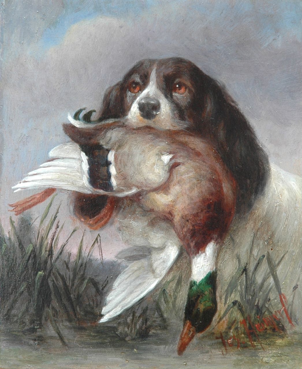 Josef Heimerl | An English Springer Spaniel with its catch, oil on panel, 15.9 x 13.0 cm, signed l.r.