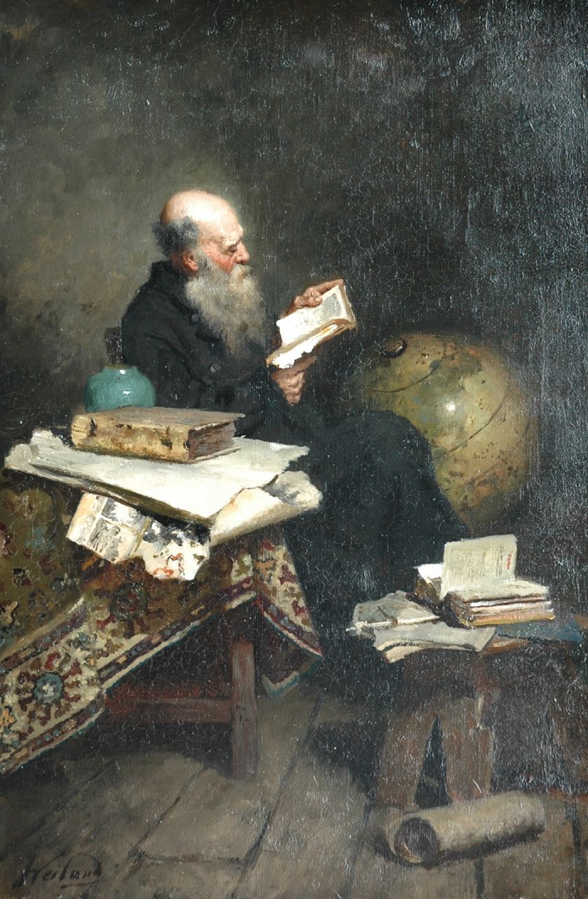 Weiland J.  | Johannes Weiland, The old scholar, oil on canvas 60.2 x 40.4 cm, signed l.l.